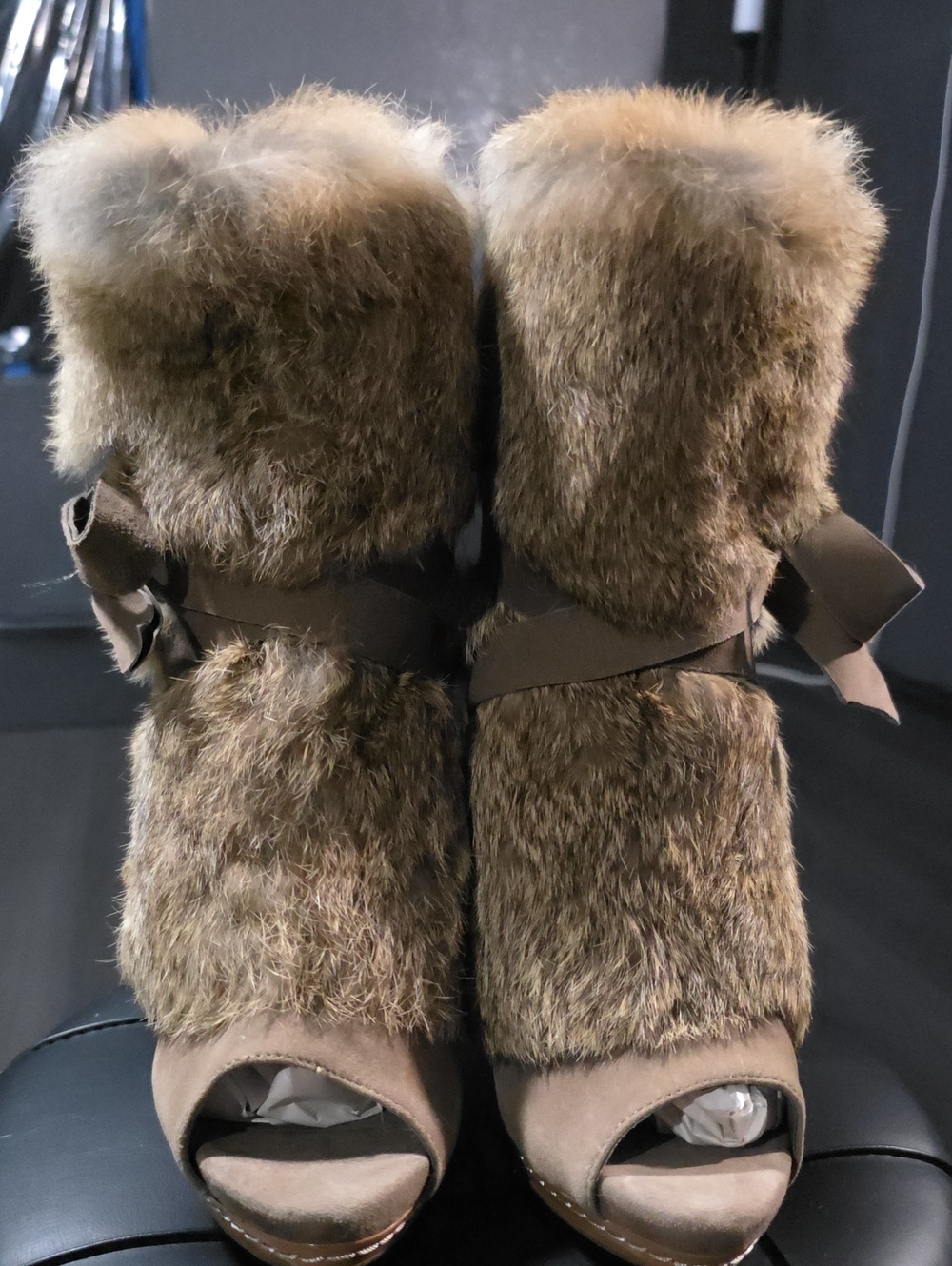 Staccato Brown Faux Fur Peep-Toe Heeled Boots Size 7